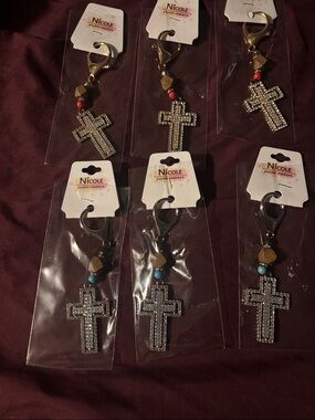 Nicole Rhinestone Cross Keychain with Turquoise and Red Beads - Silver Cross